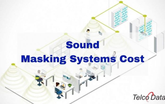 Graphic of an office with the text "Sound Masking Systems Cost" in blue.