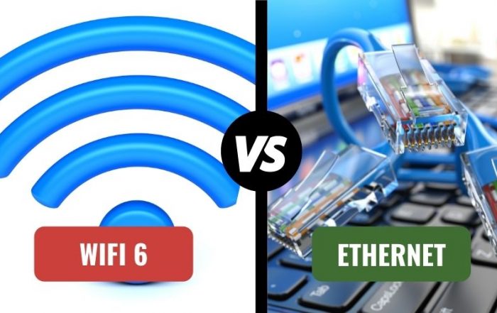 Telco Data blog title image showing the pros and cons of WiFi vs. Ethernet.