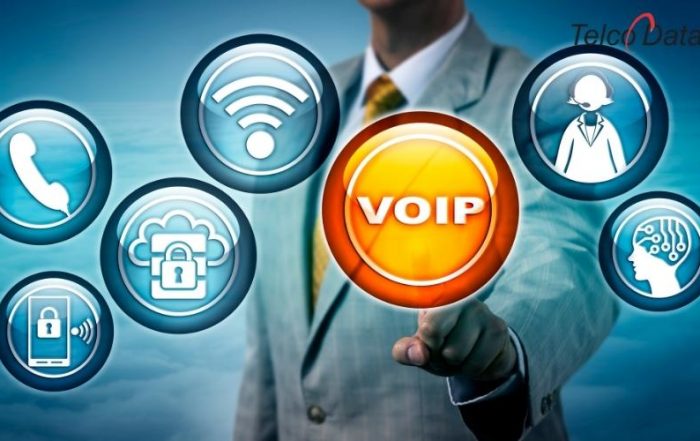 Graphic of a man pushing an orange button with the text "VoIP".