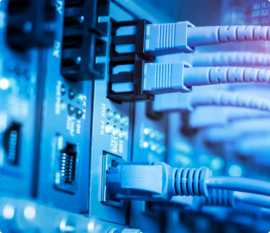 Close-up of a network rack with cables carefully inserted into ports.