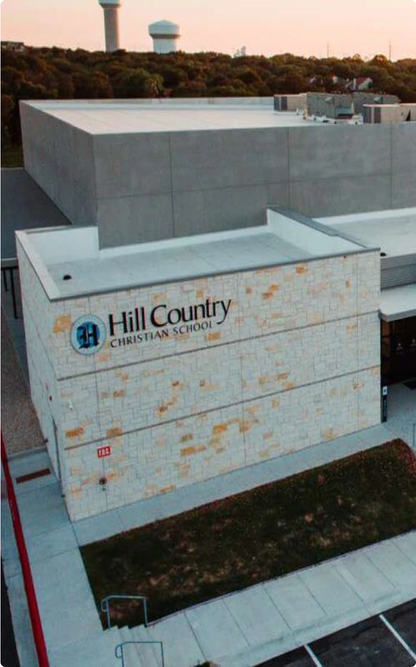 Aerial shot of Hill Country Christian School, a Telco Data education client.