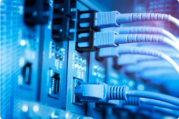 Close-up of a network rack with cables plugged into ports.