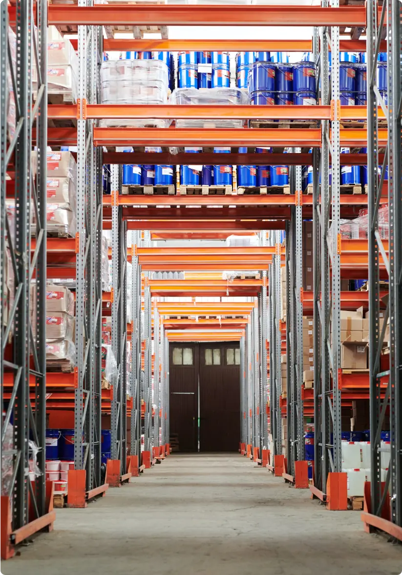 Logistics facility with shelves of product.