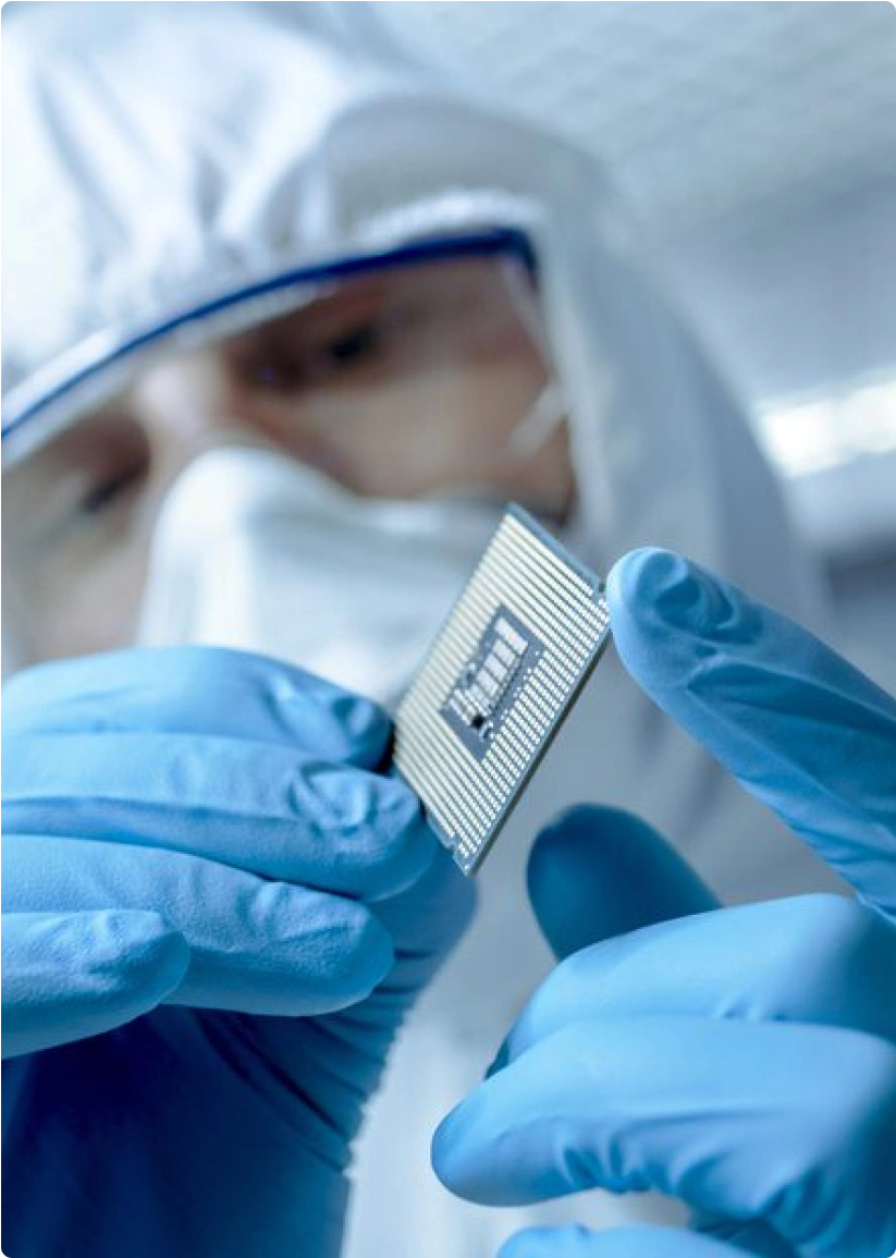 Telco Manufacturing 1 Close-up of a man in a mask inspecting a microchip.