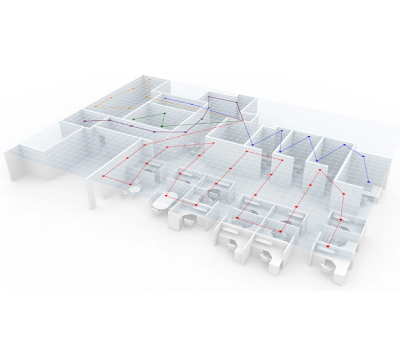 Graphic depicting sound masking systems custom installed in an office to minimize noise.