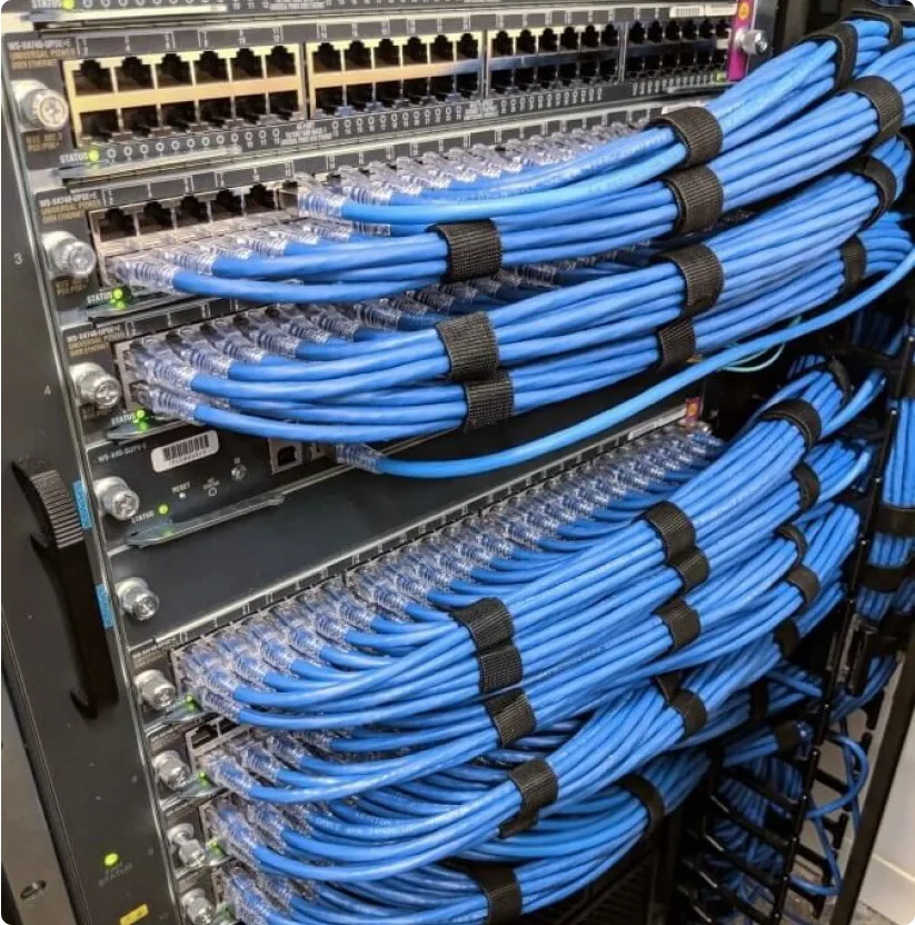 Many blue cables neatly patched into a server.